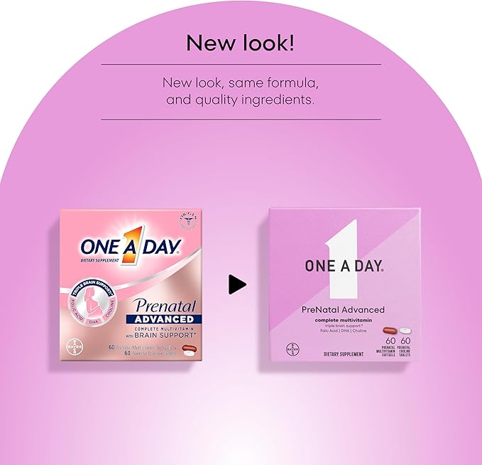 ONE A DAY Women’s Prenatal Advanced Complete Multivitamin with Brain Support* with Choline, Folic Acid, Omega-3 DHA & Iron for Pre, During & Post Pregnancy, 60+60 Ct (120 Total) (Packaging May Vary)