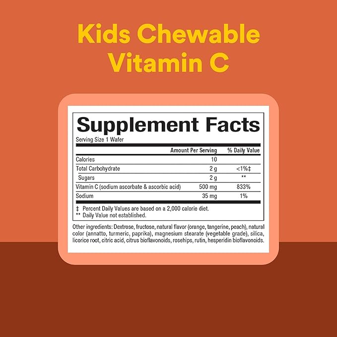 Natural Factors, Kids Chewable Vitamin C 500 mg, Supports Immune Health, Bones, Teeth and Gums, Tangy Orange, 180 Count (Pack of 1)