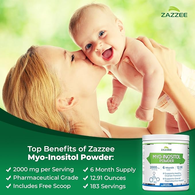Zazzee Myo-Inositol Powder, 6 Month Supply, 183 Servings, 2000 mg per Serving, Free Scoop for Exact Dosage, 12.91 Ounces, 100% Pure, All-Natural Fertility and Reproductive Support, Vegan, Non-GMO
