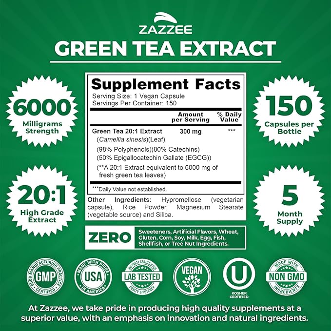 Zazzee Extra Strength Green Tea 20:1 Extract, 6000 mg Strength, 50% EGCG, 98% Polyphenols and 80% Catcehins, 150 Vegan Capsules, 5 Month Supply, Standardized and Concentrated 20X Potency, Non-GMO