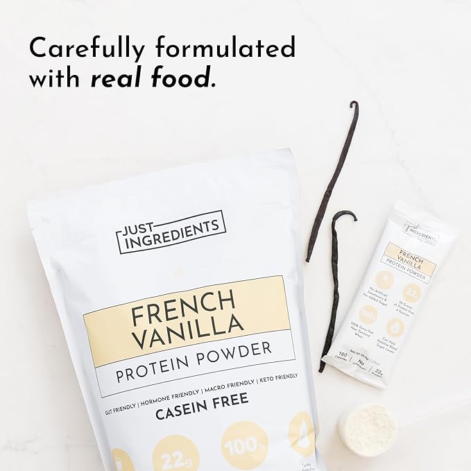 JUST INGREDIENTS French Vanilla Protein Powder – 30 Serving Bag – Grass-Fed Whey & Plant Protein Blend with Real Vanilla Bean – Sweetened with Coconut Sugar & Monk Fruit, Non-GMO, Gluten-Free