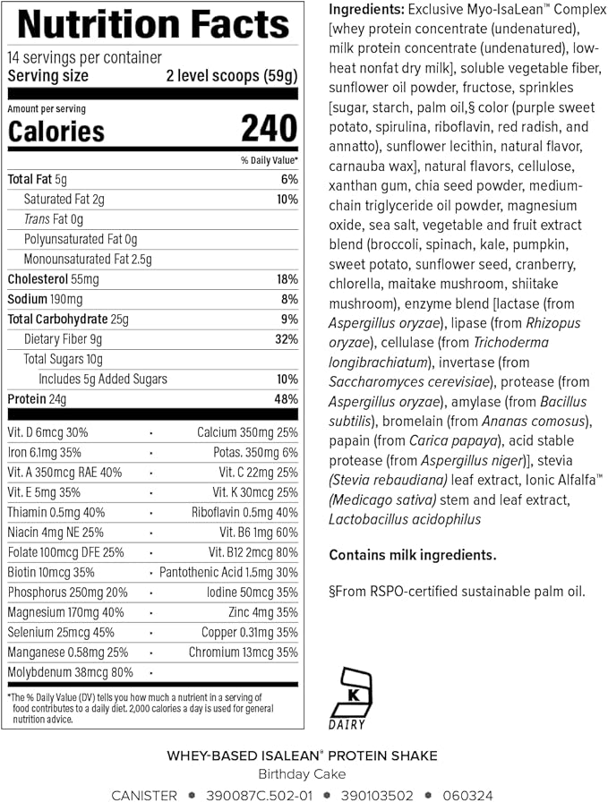 IsaLean Protein Shake - Complete Superfood Meal Replacement for Maintaining Healthy Weight and Lean Muscle Growth with 24 Vitamins and Minerals - 29.1 oz - 14 Meal Canister (Birthday Cake) - Canister