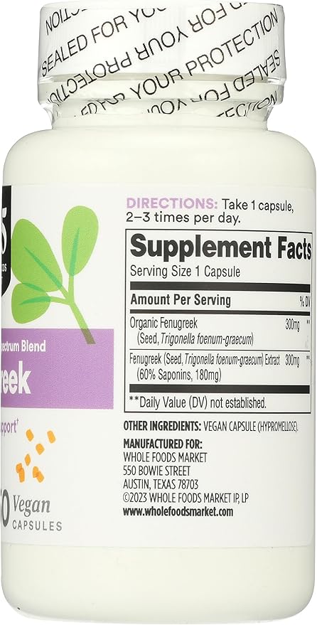 365 by Whole Foods Market, Fenugreek Standardized + Full Spectrum Blend, Lactation Support, Vegan Capsules, 60 Count