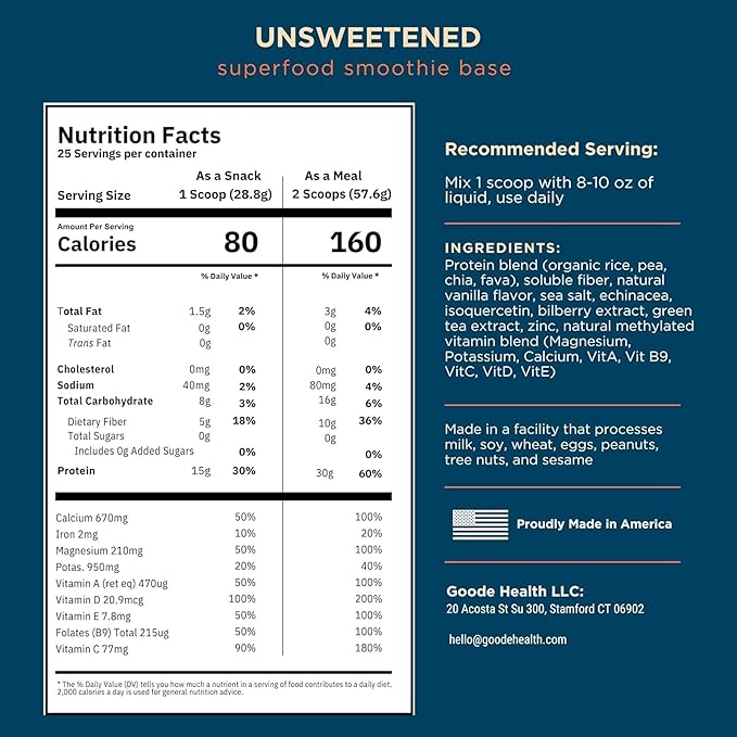 Goode Health Meal Replacement Shake, Unsweetened Vanilla - 15g Plant-Based Vegan Protein Powder - High Fiber Meal Replacement Shake - Dairy Free, Gluten Free, Zero Sugar - GLP-1 Friendly