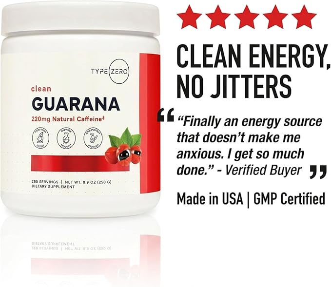 Type Zero Clean Guarana Powder Drink Mix (250 Servings, Unflavored) - 220 MG Caffeine Per Serving, Natural Caffeine, Non GMO, Gluten Free