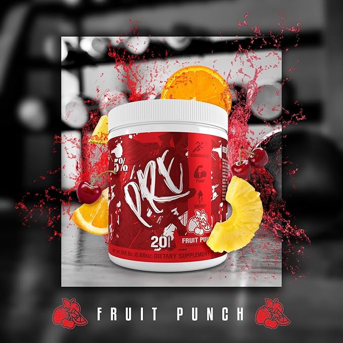 5% Nutrition Code Red Series Pre Workout Powder for Men & Women | Energy, Pump, Power, Protein Synthesis & Focus | 300mg Caffeine, L-Citrulline, Glycerol, Taurine, Alpha GPC, Huperzine (Fruit Punch)