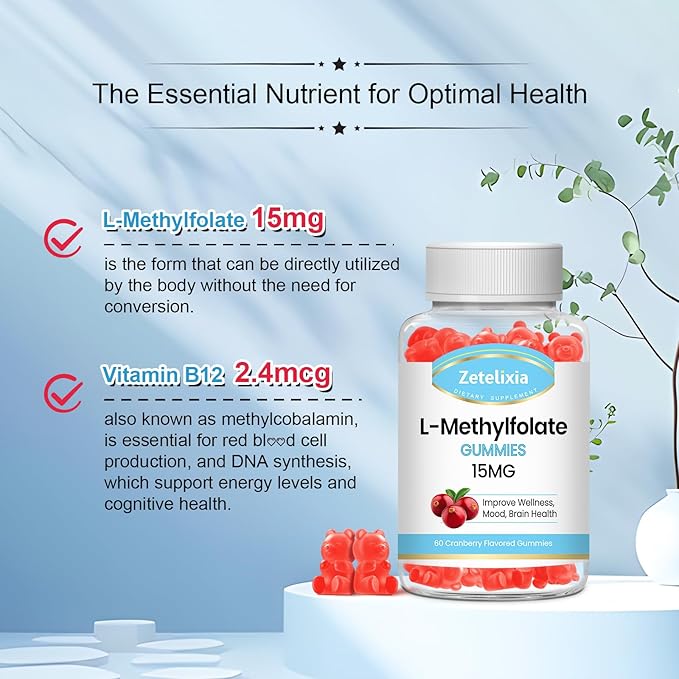 2 Pack L-Methylfolate 15mg & Methyl B12 Gummies, Folate Supplement for Brain Health, Mood & Immunity, DNA Synthesis & Repair, Sugar Free, Vegan, Cranberry Flavor, 120 Count