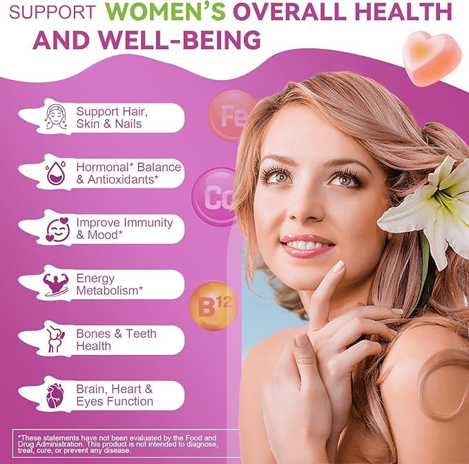 (2 Pcs) Sugar Free Womens Multivitamin Gummies with Iron, Women's Multivitamin w/Vitamins C, D3 K2, B12, B6, Filled Gummies for Daily Nutritional Support| Immune Support| Skin Health, Mixed Flavors