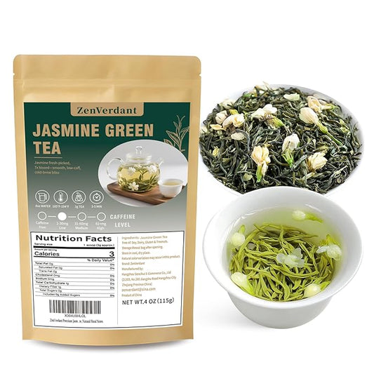 ZenVerdant Premium Jasmine Green Tea Loose Leaf | 7x Scented, Low Caffeine, High Antioxidant | Cold Brew Ready, Smooth Taste, Natural Floral Notes