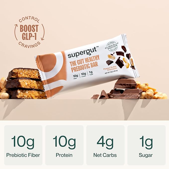 Supergut GLP-1 Boosting Prebiotic Bars, Peanut Butter Chocolate - Gut Healthy Protein Snacks & Breakfast Bars - Keto-Friendly Meal Replacement Energy Bars for Gut Health (12 Count)