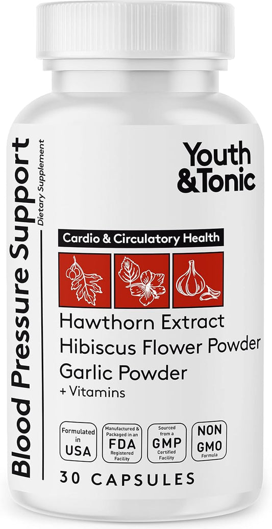 Youth & Tonic Natural Blood Pressure Support Supplement w/Hawthorn Hibiscus & High Potency Diuretic Herbs & Vitamins for Water Retention | 30 BP Capsules to Maintain a Good Health | Women & Men
