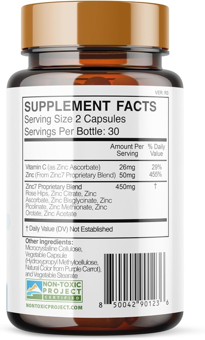 Zinc7 Daily Immune Support (50mg): Triple Action Zinc Complex for Deep Sleep, Mental Clarity & Strong Immunity | Natural Energy, Hormone & Metabolism Support | 60 Vegan Capsules