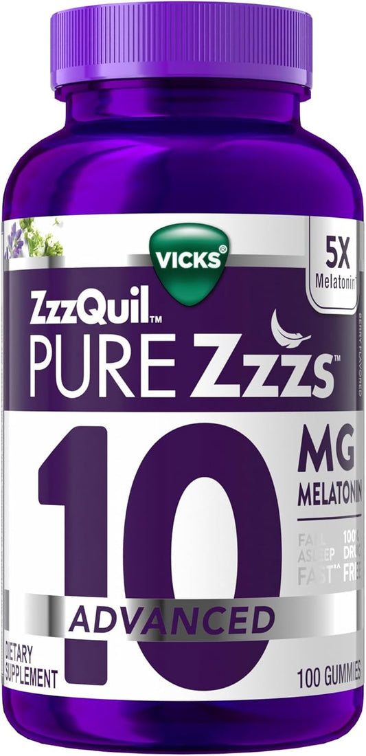 ZzzQuil Pure Zzzs Advanced Melatonin Gummies, Sleep Aid with Chamomile & Lavender for Adults Berry Flavored, 100 Count