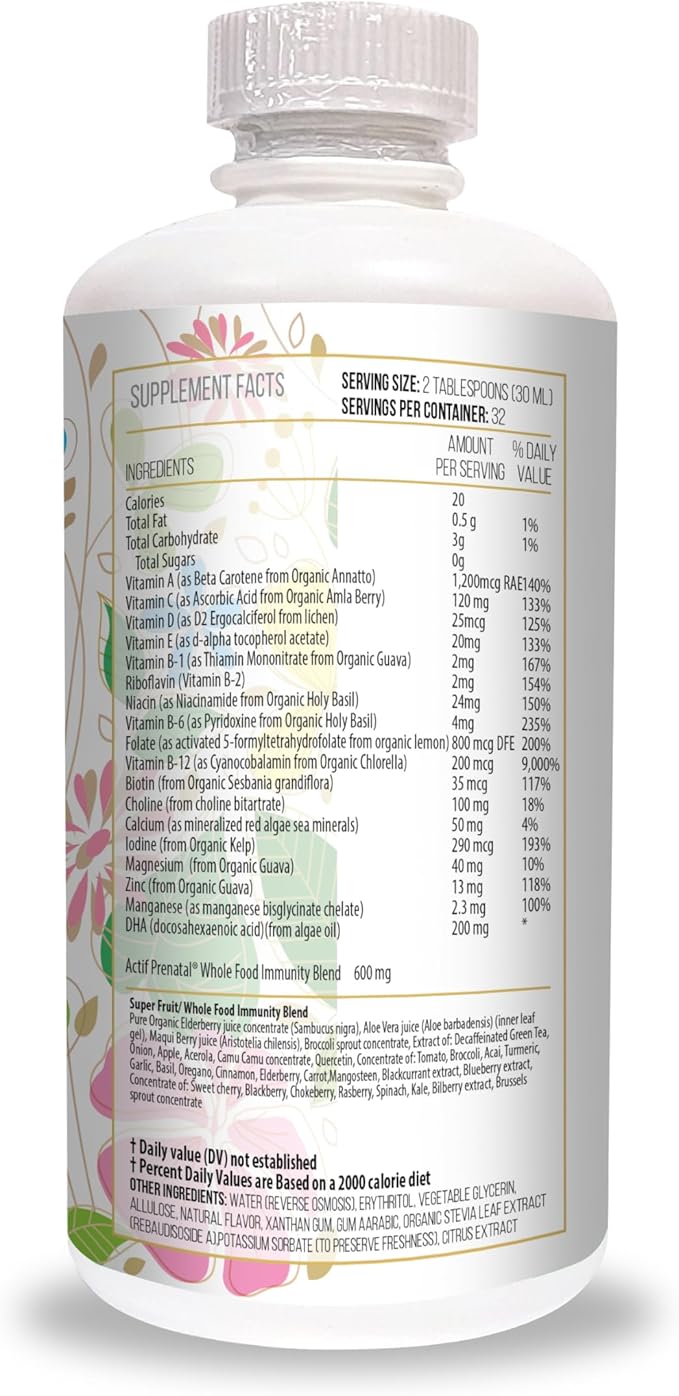 ACTIF Organic Complete Prenatal Liquid with 35+ Vitamins and Organic Herbs, with DHA and Choline, Non-GMO, Made in USA, 32oz