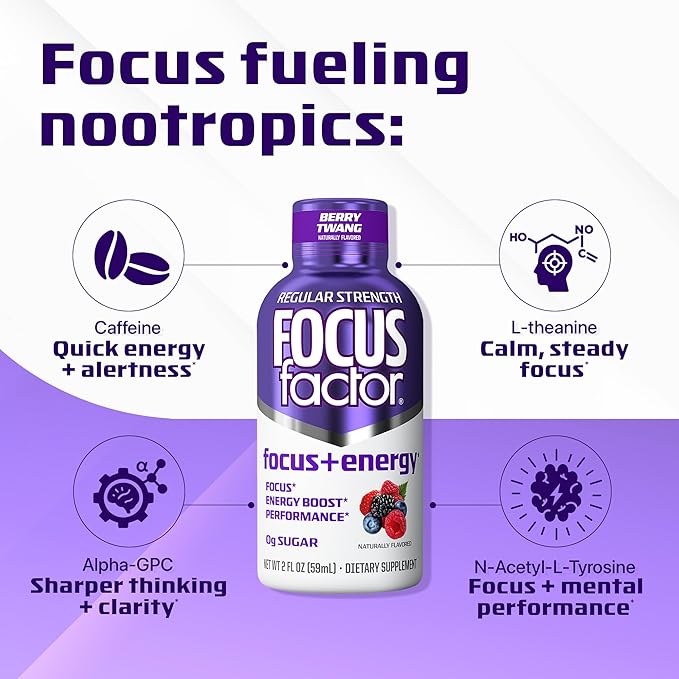 Focus Factor Focus + Energy Shots - 12 x 2oz Bottles (Berry Twang Flavor) - Powered by Nootropics with Caffeine, L-Theanine, Ginkgo, Bacopa, L-Tyrosine, Alpha GPC