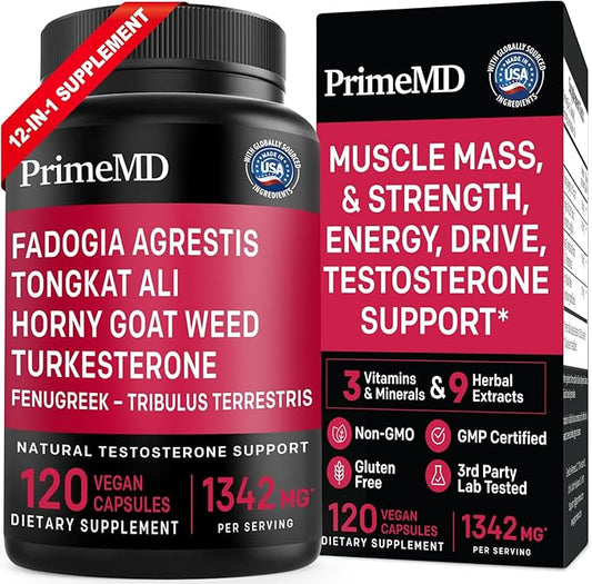 12-in-1 Fadogia Agrestis and Tongkat Ali for Men - Testosterone Supplement for Men with Turkesterone - Men's Health Supplement For Overall Well-being with 1342mg Per Serving (120 capsules) (Pack of 1)