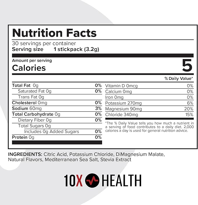 10X Health Electrolytes Powder Drink Mix Lemon Lime - Hydration Packets w/Potassium, Magnesium & Mediterranean Sea Salt - Sugar-Free Electrolytes Powder - Non-GMO Electrolyte Packets - 30 Stickpacks