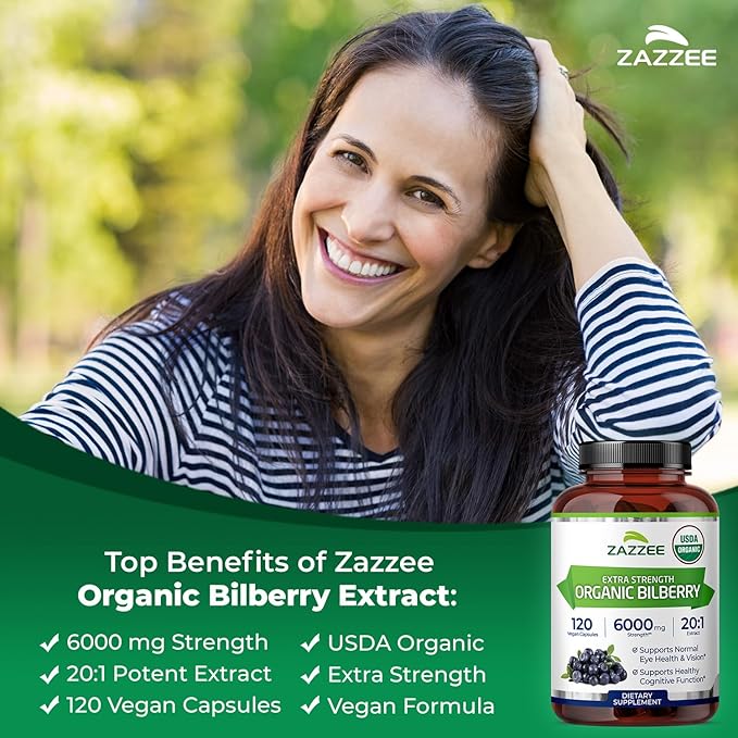Zazzee USDA Organic Bilberry 20:1 Extract, 6000 mg Strength, 120 Vegan Capsules, 4 Month Supply, Standardized and Concentrated 20X Extract, 100% Vegetarian, All-Natural, Non-GMO, Made in The USA