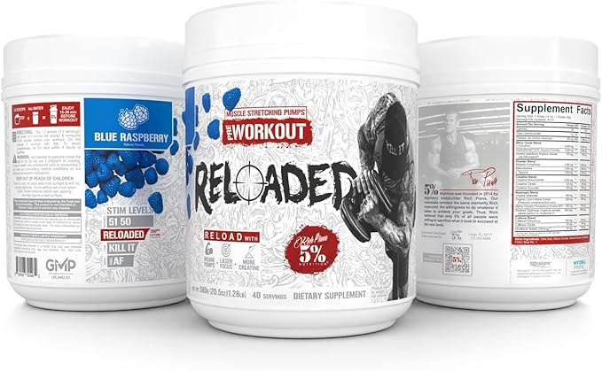 5% Nutrition Rich Piana Reloaded High Stim Pre-Workout | Ultra Energy, Focus, Pumps, Power & Endurance | Citrulline, GlycerSize, Nitrosigine, Creatine, Choline, Huperzine A (Blue Raspberry)