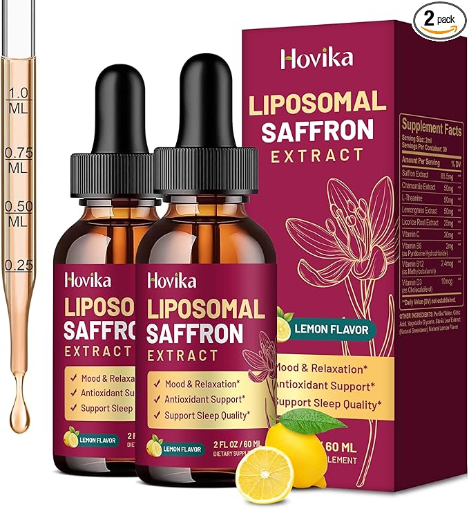2 Pack Liposomal Saffron Supplements - 88.5mg Saffron Extract Liquid Drops with L-Theanine, Chamomile, Vitamin C, B6, B12 & D3 for Antioxidant, Immune, Mood, Energy, Focus & Sleep - Lemon Flavor
