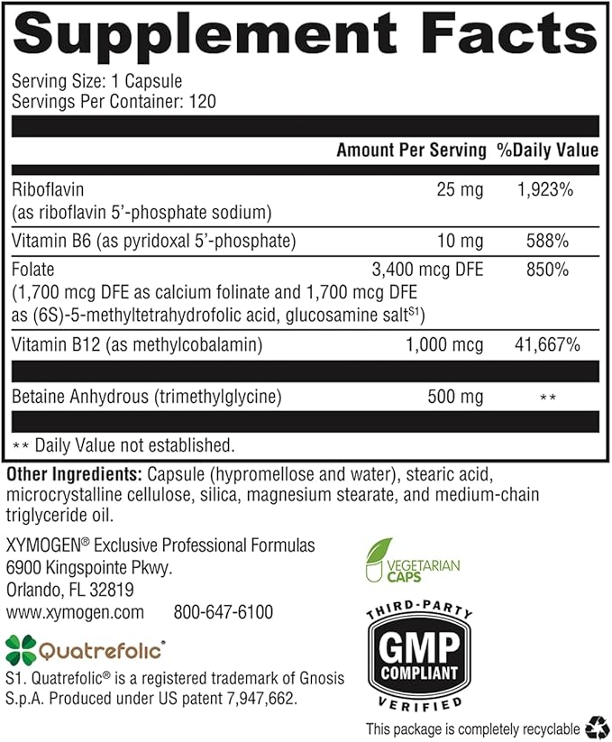 XYMOGEN Methyl Protect - Optimal Methylation Formula with Methyl Folate, Vitamin B12 (Methylcobalamin b12), Riboflavin + B6 Vitamins - Cognitive, Homocysteine + Heart Health Supplements (120 Capsules)