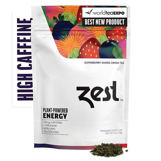 Zest 135mg High Caffeine Energy Loose Leaf Blend - Superberry Samba Green Tea - 4 Oz - Hot or Iced - All Natural Strong Flavored Healthy Coffee Highly Caffeinated Substitute - Perfect for Keto Diet