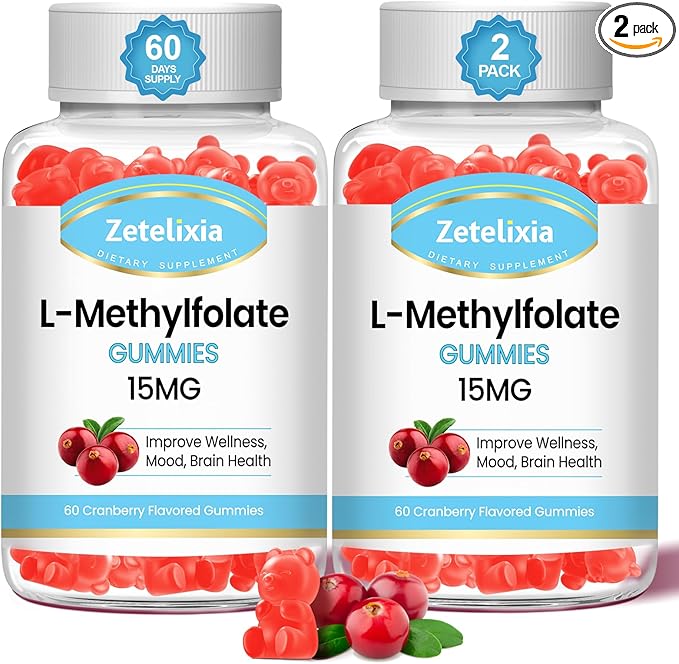 2 Pack L-Methylfolate 15mg & Methyl B12 Gummies, Folate Supplement for Brain Health, Mood & Immunity, DNA Synthesis & Repair, Sugar Free, Vegan, Cranberry Flavor, 120 Count