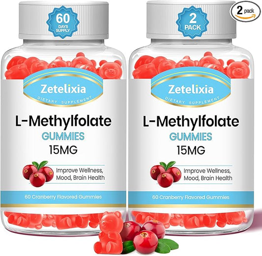 2 Pack L-Methylfolate 15mg & Methyl B12 Gummies, Folate Supplement for Brain Health, Mood & Immunity, DNA Synthesis & Repair, Sugar Free, Vegan, Cranberry Flavor, 120 Count