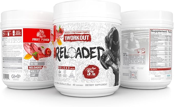 5% Nutrition Rich Piana Reloaded High Stim Pre-Workout | Ultra Energy, Focus, Pumps, Power & Endurance | Citrulline, GlycerSize, Nitrosigine, Creatine, Choline, Huperzine A (Fruit Punch)