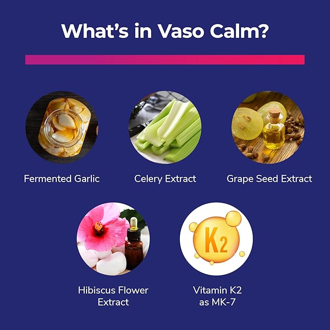 Vaso Calm - Healthy Blood Balance Supplement - Features Fermented Garlic, Celery and Grape Seed Extract, Hibiscus, and Vitamin K2 - Made in The USA, 180 Capsules