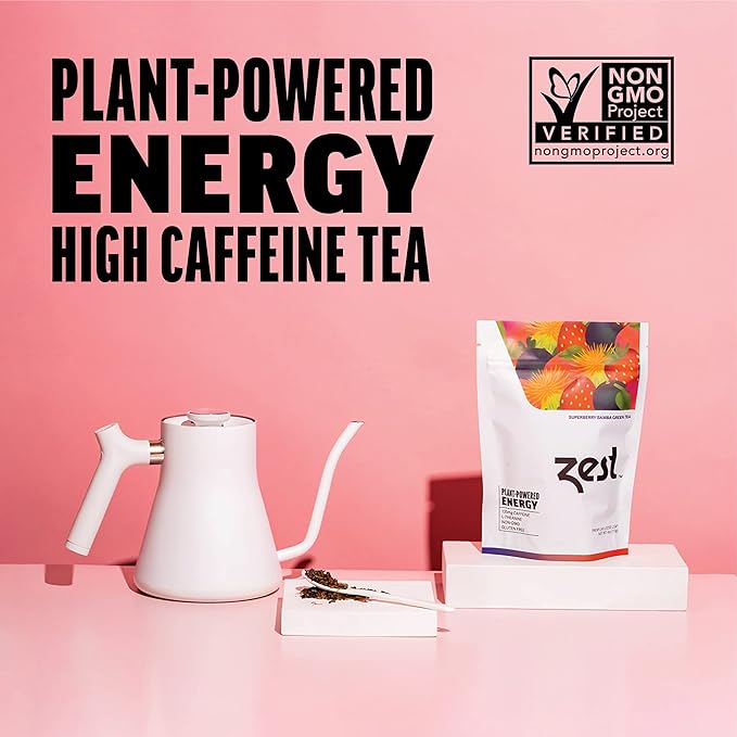Zest 135mg High Caffeine Energy Loose Leaf Blend - Superberry Samba Green Tea - 4 Oz - Hot or Iced - All Natural Strong Flavored Healthy Coffee Highly Caffeinated Substitute - Perfect for Keto Diet