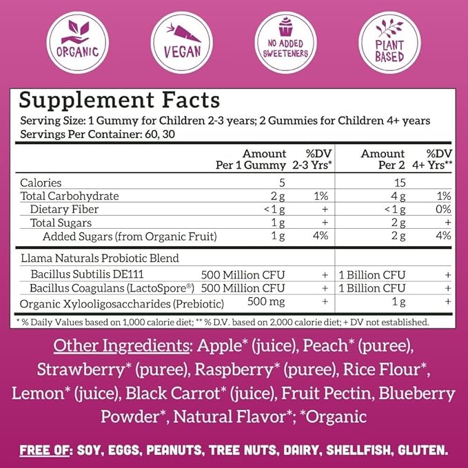 Llama Naturals Kids Probiotic with Prebiotic Fiber, Vegan, Organic Prebiotics and Probiotics Gummies for Gut Health Support, Toddler Real Fruit Gummy Vitamins, No Added Sugar Cane, Mixed Berry, 60 Ct