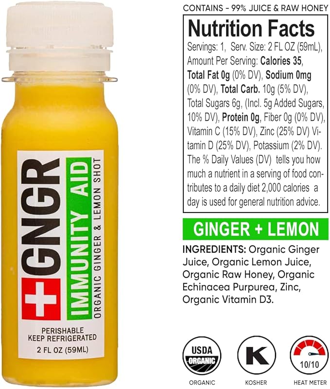 +GNGR Immunity Aid Organic Ginger, Lemon & Honey Shot - Cold Pressed Ginger Shots with Echinacea, Lemon Juice, Honey, Zinc & Vitamin D3, Immune & Digestive Support 2 fl oz (Pack of 12)