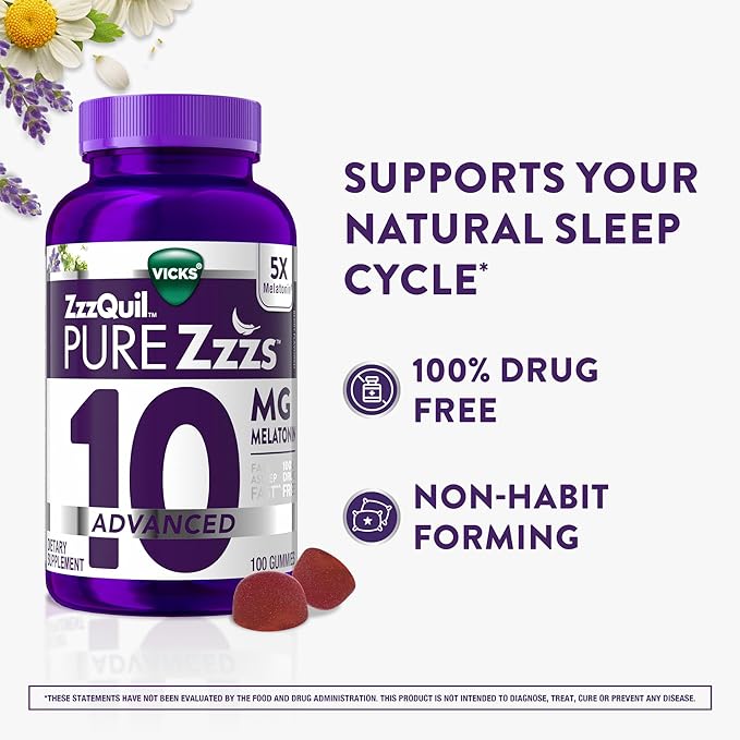ZzzQuil Pure Zzzs Advanced Melatonin Gummies, Sleep Aid with Chamomile & Lavender for Adults Berry Flavored, 100 Count