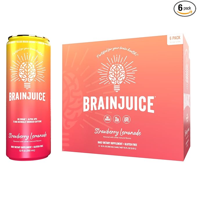 Brainjuice Brain Health Support Drink for Energy & Focus, Vitamin C, B5, B6 & B12, L Theanine, Alpha GPC & Natural Caffeine From Green Tea, Vegan, Gluten Free, Strawberry Lemonade, 12 Oz Can, 6 Pack