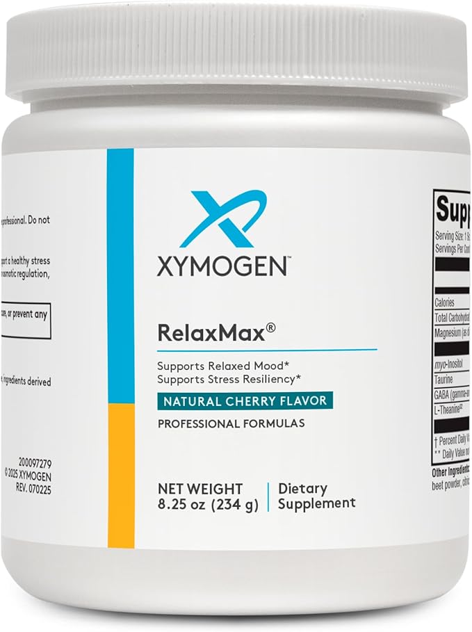 XYMOGEN RelaxMax Drink Mix - Promotes Relaxation, Stress Resiliency + Hormone Support - Magnesium Powder with Myo-Inositol, GABA, L-Theanine - Cherry Flavor Mood Support Supplement (8.25 oz)