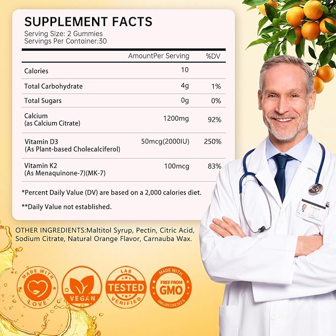 (2 Pack) Calcium Citrate Gummies,Calcium 1200 mg with Vitamin D3 and K2 for Women & Men.Supports Bone Muscle & Teeth - Natural Orange Flavor,120 Gummies- 60 Day Vegan Supply