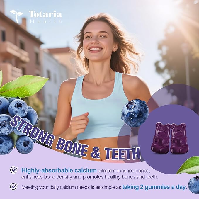2 Pack Calcium Citrate Gummies 1200 mg - Calcium Supplements for Women with Vitamin D3 & K2,Magnesium,Zinc - Sugar Free Calcium Gummies for Bone & Teeth & Immune Support- Blueberry Flavor