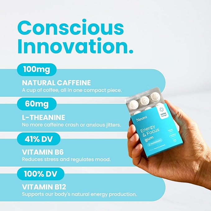 Neuro Energy & Focus Gum, Extra Strength - 100mg Natural Caffeine Gum & Nootropic Energy Supplement with L-Theanine & B Vitamins - Sugar Free, Vegan - Peppermint, 54ct