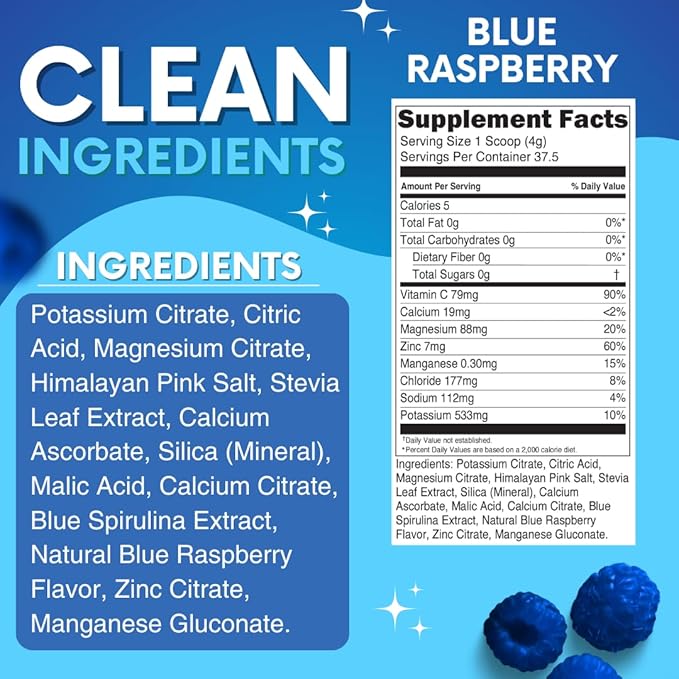 Zero Sugar - Blue Raspberry Electrolytes Powder - Refreshing Hydration - Caffeine Free Energy - All Natural Ingredients - Vegan, Keto and Paleo - Sugar Free Electrolyte Powder Drink Mix - 37 Servings