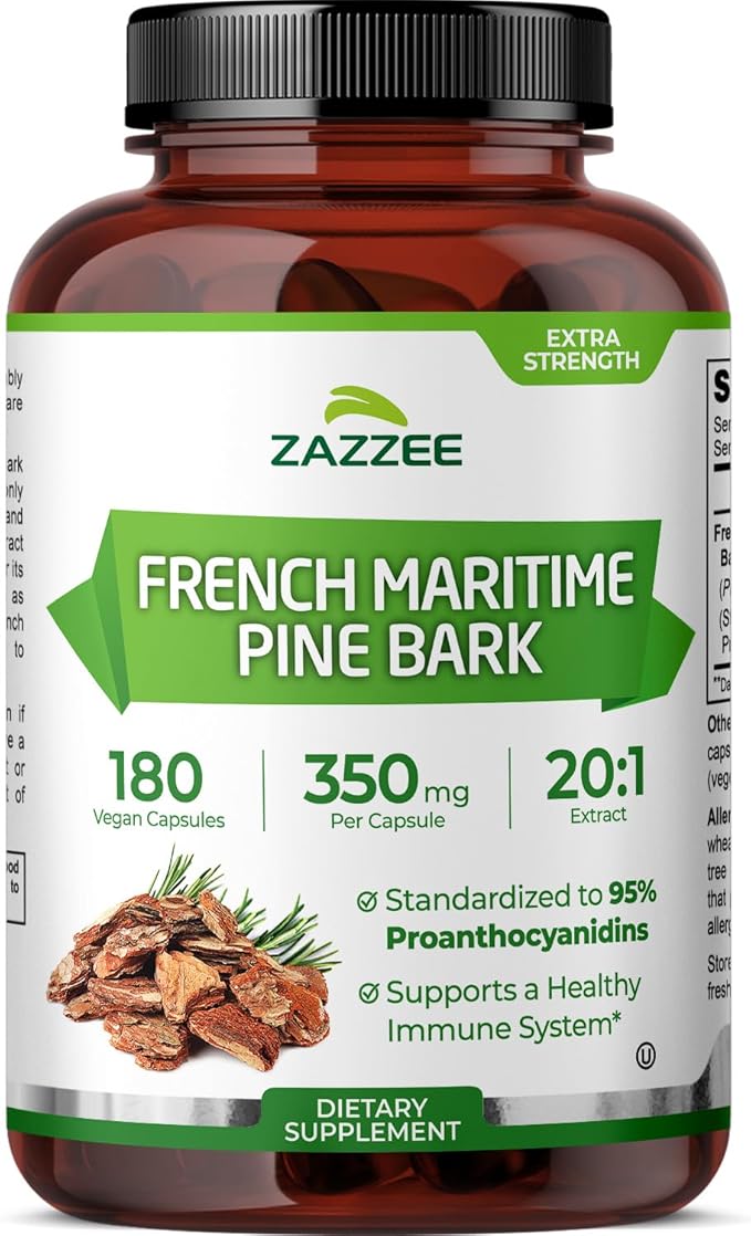 Zazzee Extra Strength French Maritime Pine Bark 20:1 Extract, 350 mg Per Capsule, 180 Vegan Capsules, 95% Proanthocyanidins, Kosher, 6 Month Supply, Standardized 20X Extract, Non-GMO, Made in The USA