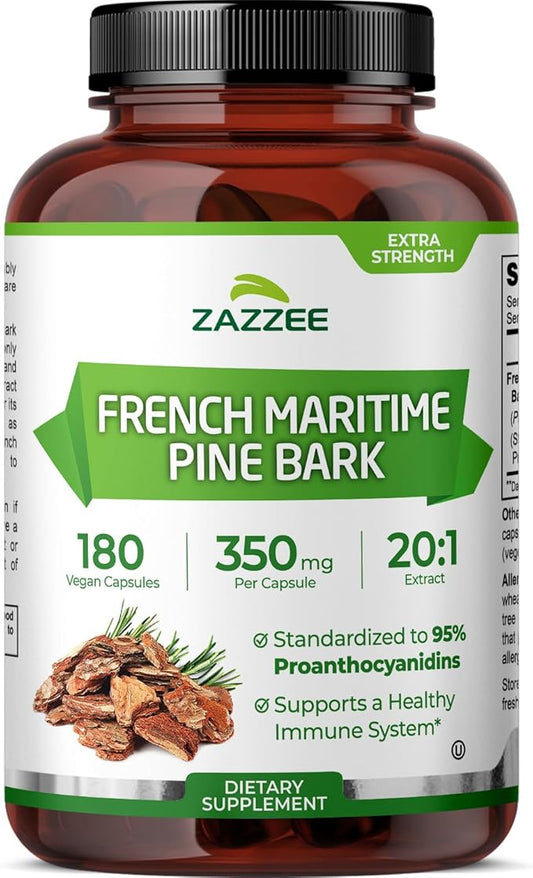 Zazzee Extra Strength French Maritime Pine Bark 20:1 Extract, 350 mg Per Capsule, 180 Vegan Capsules, 95% Proanthocyanidins, Kosher, 6 Month Supply, Standardized 20X Extract, Non-GMO, Made in The USA