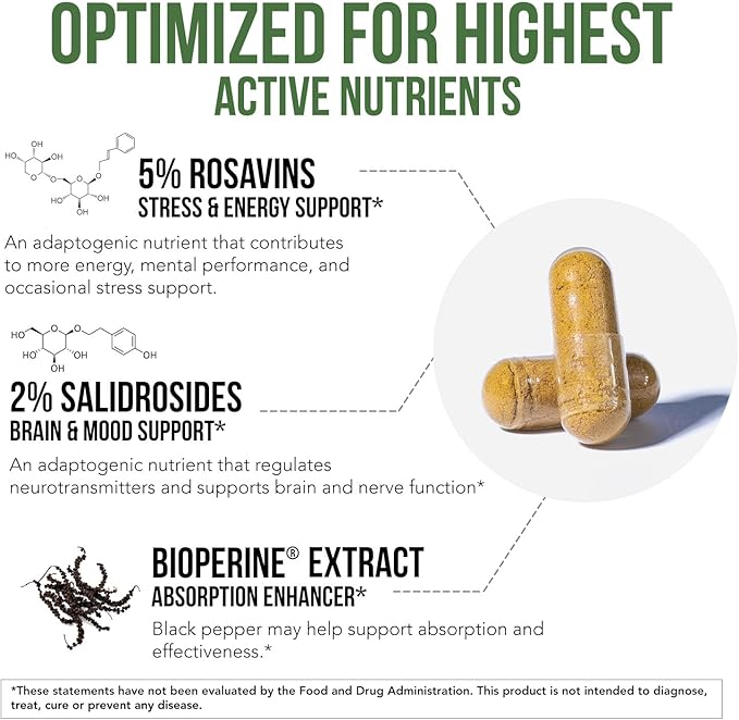 Max Strength Siberian Rhodiola®: Rhodiola Rosea 5% Rosavins, 2% Salidroside & BioPerine® for Enhanced Absorption – Helps Support Stress, Energy & Focus* – Grown in Siberia, DNA Verified (60 Capsules)