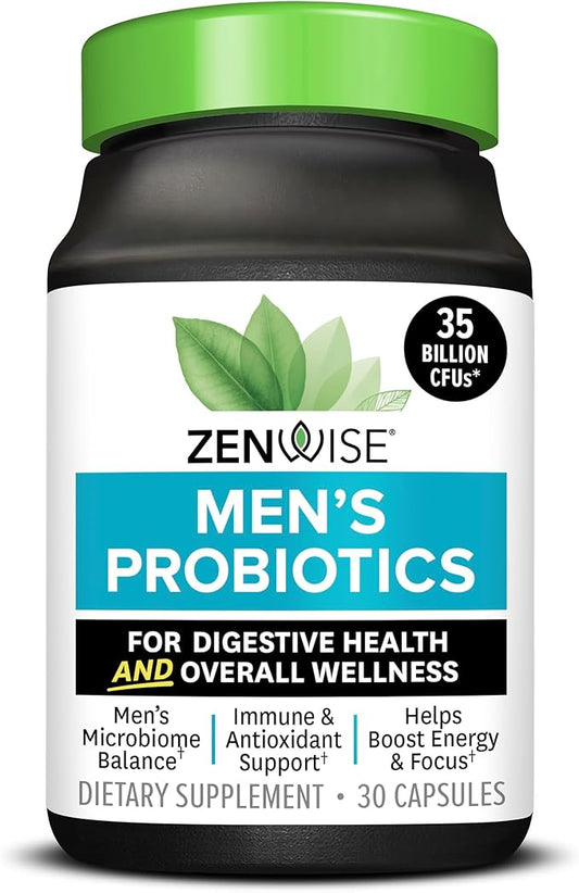 Zenwise Health Probiotics for Men - 35 Billion CFUs Daily Probiotic for Men's Digestive Health - Green Tea Extract, Meriva, and Chromium Picolinate for Microbiome Balance + Antioxidant Support - 30 CT