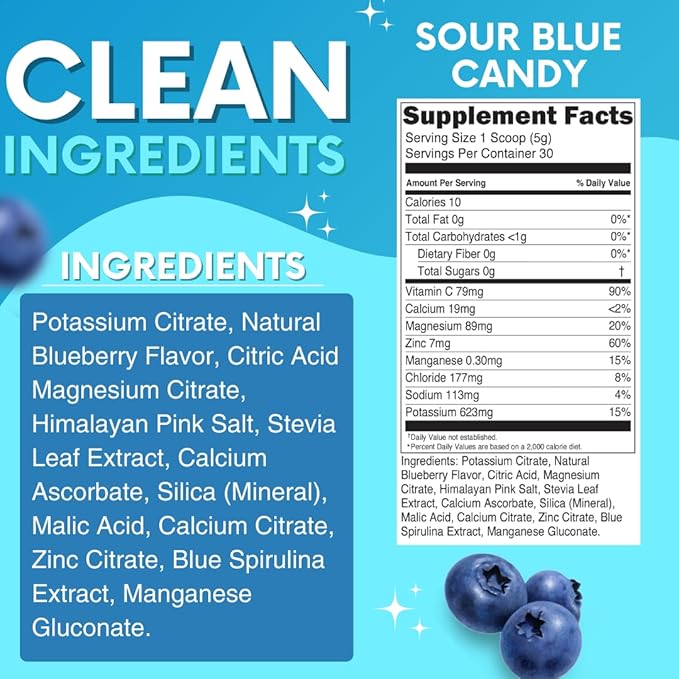 Zero Sugar - Sour Blue Candy Electrolytes Powder - Refreshing Hydration - Caffeine Free Energy - All Natural Ingredients - Vegan, Keto & Paleo - Sugar Free Electrolyte Powder Drink Mix - 30 Servings