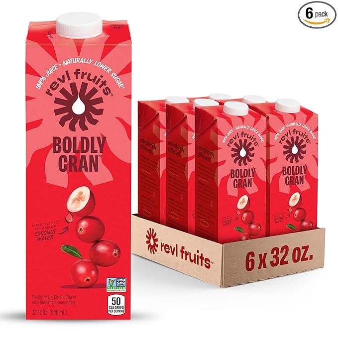 Revl Fruits™ 100% Juice, Boldly Cran™ Cranberry Juice, No Added Sugar, 32 fl oz. Carton (Pack of 6)