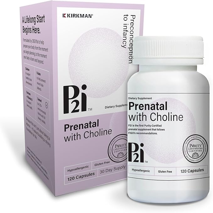 Kirkman P2i Prenatal Vitamins for Women, Multivitamin with Choline, 120 Capsules, Vital Daily Nutritional Support for Healthy Mother & Baby, OBGYN Formulated & Endorsed, Hypoallergenic & Gluten-Free