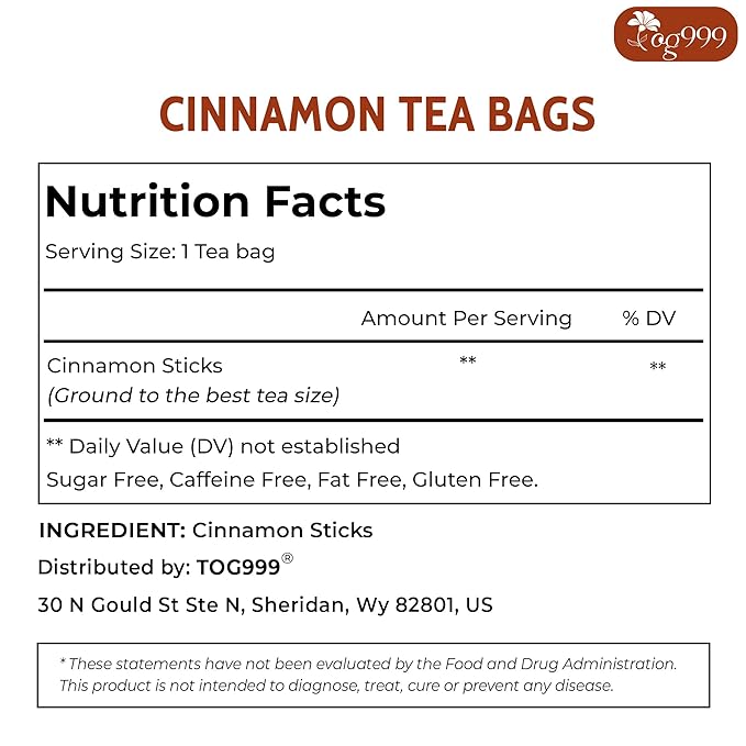 TOG999, Premium 40 Tea Bags - Special Cinnamon Tea, 100% Natural & Pure, Herbal Tea. Cinnamon Stick Herbal Spice