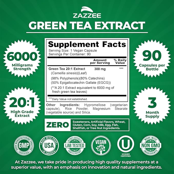 Zazzee Extra Strength Green Tea 20:1 Extract, 6000 mg Strength, 50% EGCG, 98% Polyphenols and 80% Catcehins, 90 Vegan Capsules, 3 Month Supply, Standardized and Concentrated 20X Potency, Non-GMO