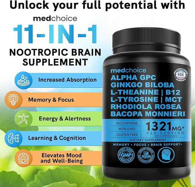12-in-1 Nootropic Brain Supplement Anhydrous: Ginkgo Biloba for Brain Support, Memory and Focus - B12, Alpha GPC, L Theanine and Choline Supplements with Bioperine non Caffeinated 1321mg (180ct)